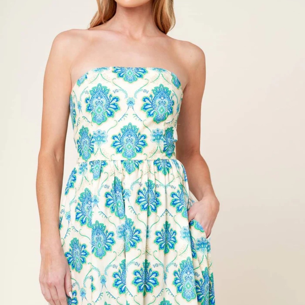 Flying Tomato Strapless Midi Dress in White with Blue & Teal Floral Print - Picture 6 of 8